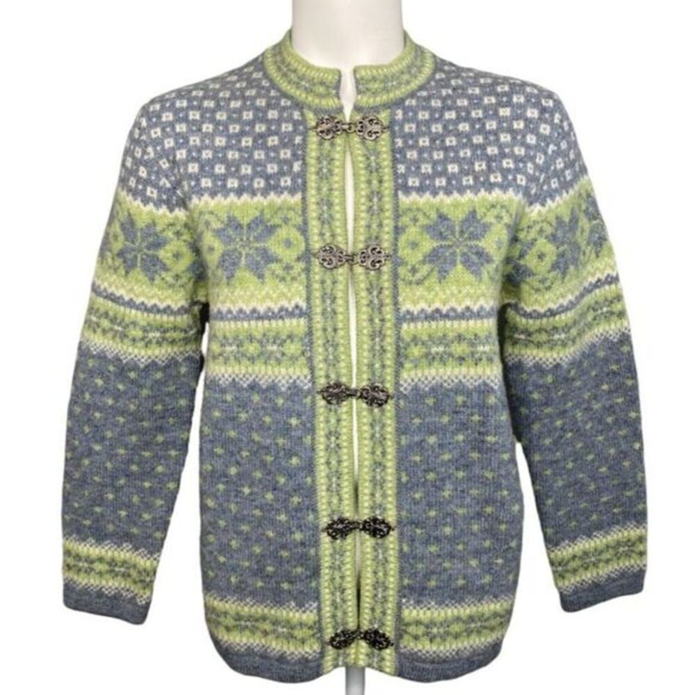 Vintage Carroll Reed Green‎ Gray Wool Frog Clasp Fair Isle Cardigan Sz Small